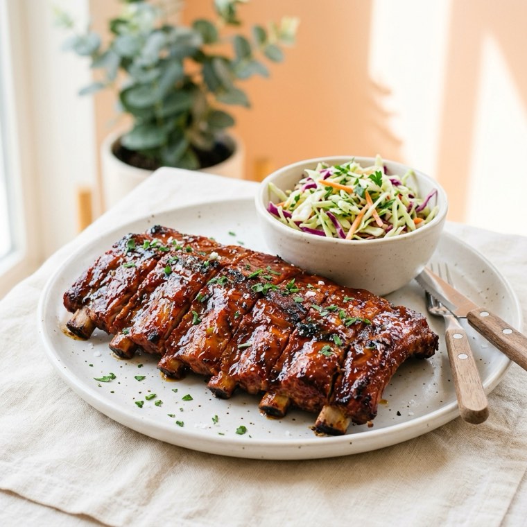 Glazed barbecue ribs with slaw.