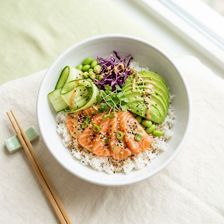 A miso salmon bowl with avocado, edamame and greens.