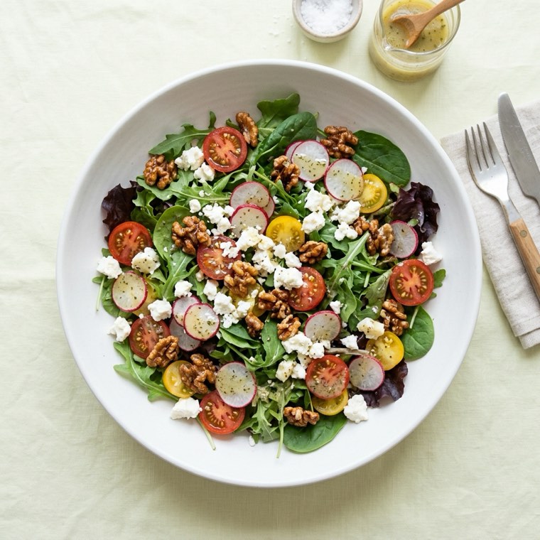 A bright chopped salad with tomatoes and greens.